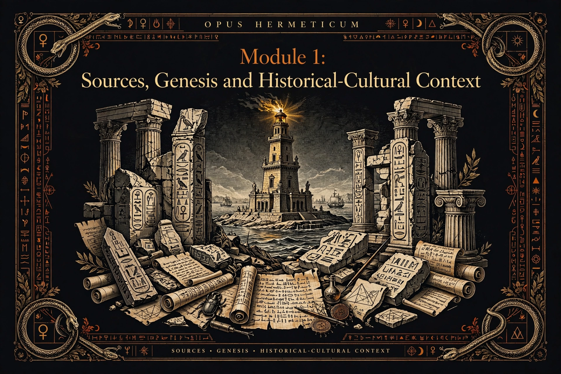 Rycina alegoryczna narodzin hermetyzmu w hellenistycznej Aleksandrii: Latarnia z Faros, greckie kolumny porządku korynckiego, egipskie stele z hieroglifami boga Thota, papirusy z pismem greckim koine oraz wąż Ouroboros symbolizujący kosmiczny cykl.